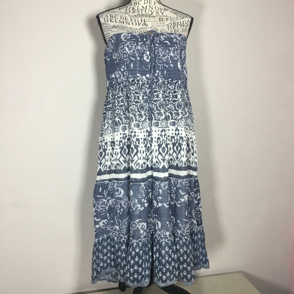 Ravira smocked top maxi dress drawstring 100% cotton geometric pattern beachy L